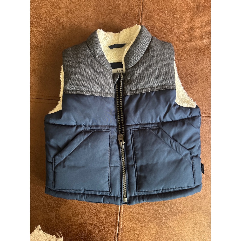 Baby Gap Puffer Vest Baby 6-12 Months Navy Grey Herringbone Zip